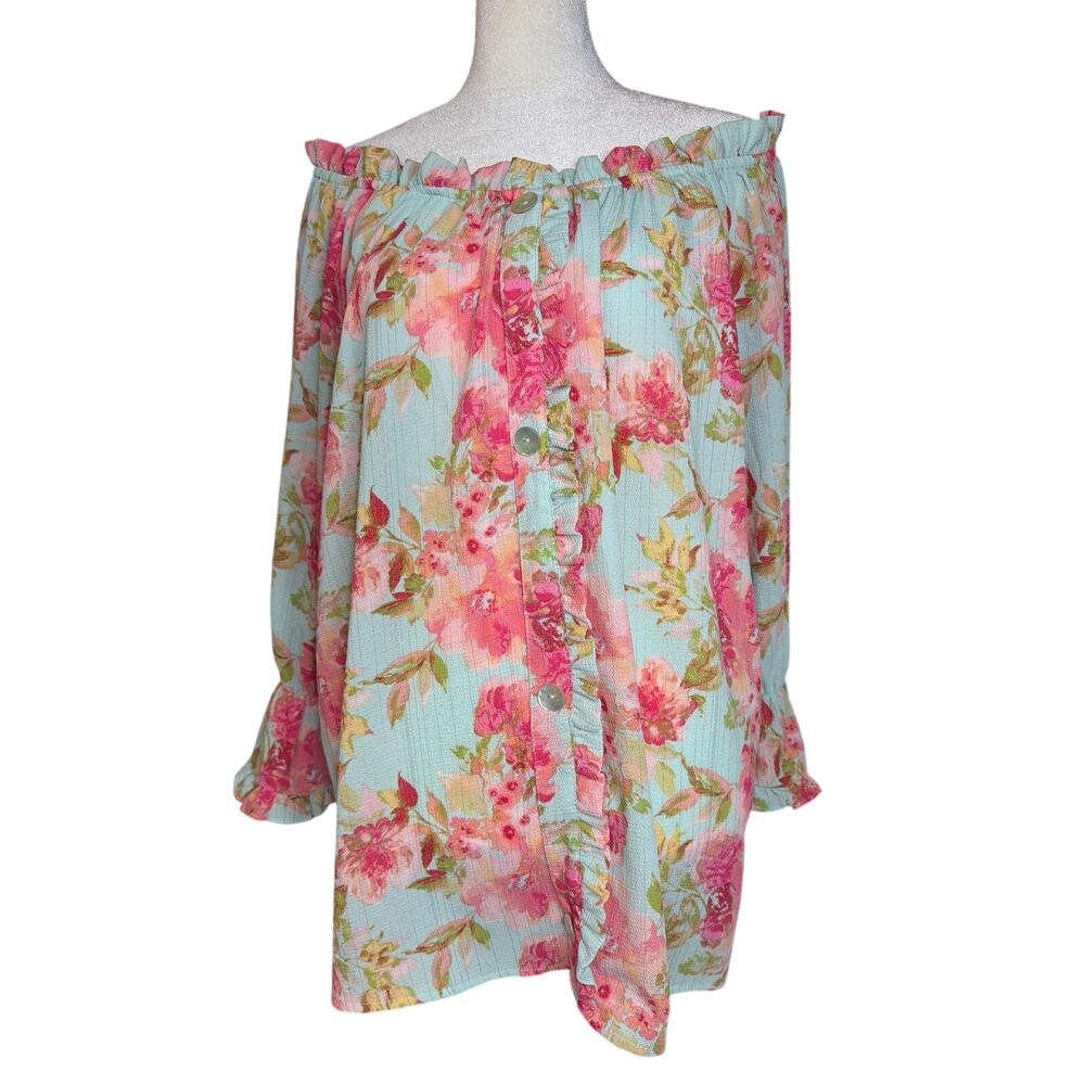 Willow Drive size XL Bell Sleeve Floral Blouse Chunky button  metallic sheen